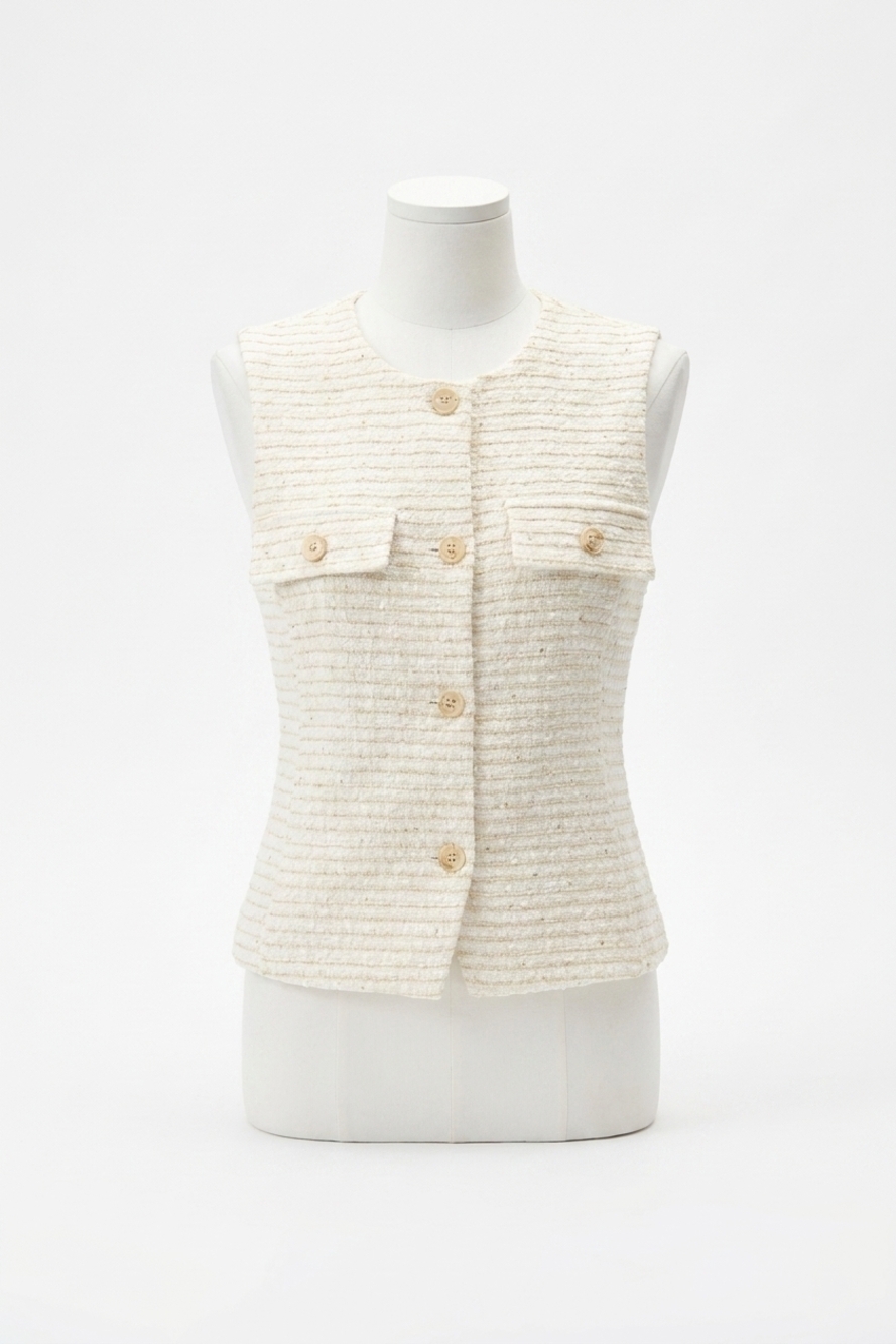 NEW JOSEPH RIBKOFF striped fitted bouclé vest in off-white/gold